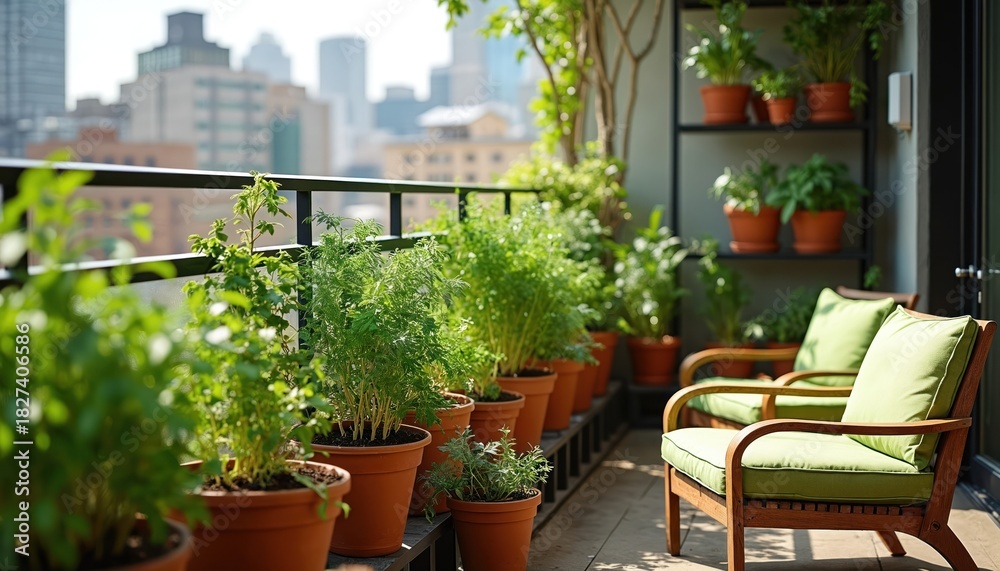 Obraz premium City apartment balcony with potted green plants and herbs. Two chairs on terrace overlook urban landscape. Home gardening lifestyle provides fresh produce.