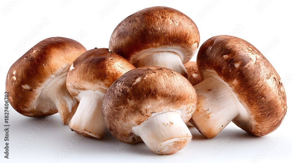 Fototapeta premium Fresh brown cremini mushrooms on a white background, ready for cooking and culinary use.