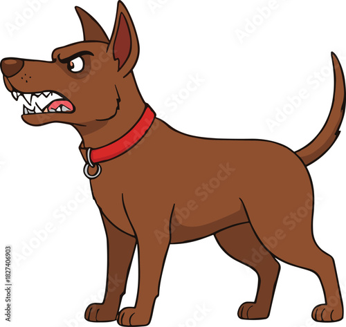 Angry cartoon dog illustration, aggressive expression sketch, red collar animal vector, emotional character pose, barking pet design concept