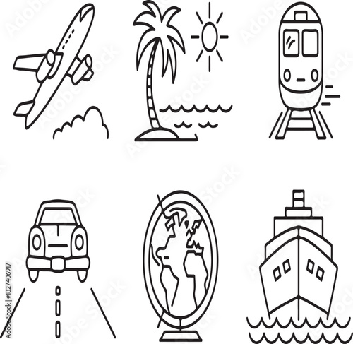Collection of six hand drawn travel and transportation icons