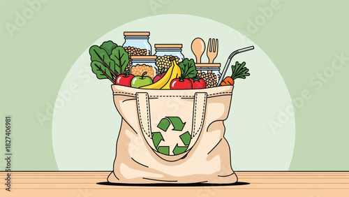 Illustration of reusable grocery bag with fresh food, glass jars, and eco products promoting zero waste shopping. Ideal for sustainability campaigns and eco lifestyle design
