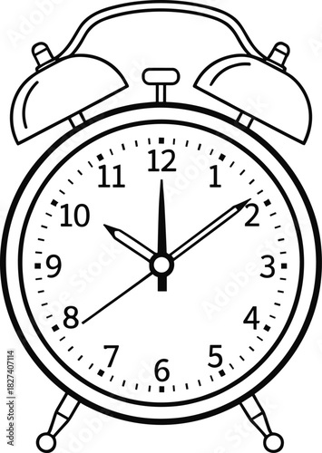 Analog alarm clock illustration, black and white time sketch, classic bell clock vector, educational timepiece drawing, minimalist design concept