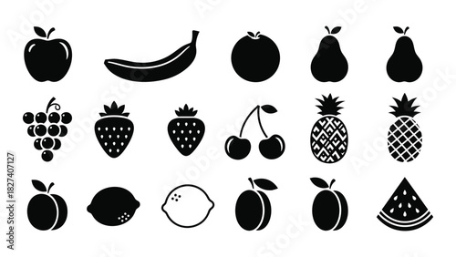 Assorted fruit silhouette icon collection isolated on white background, Vector