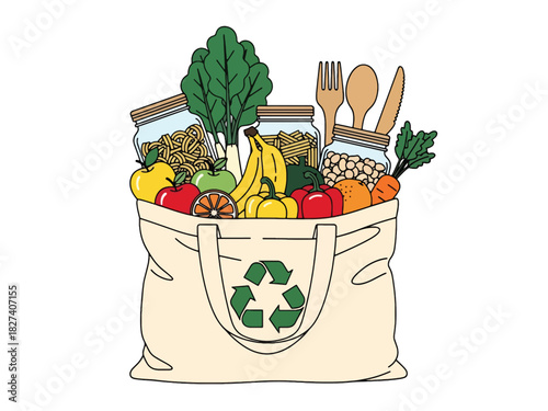 Illustration of reusable grocery bag with fresh food, glass jars, and eco products promoting zero waste shopping. Ideal for sustainability campaigns and eco lifestyle design
