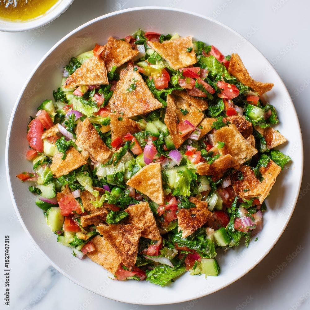 Fototapeta premium Fresh Fattoush Salad With Toasted Pita Bread And Sesame Seeds Vibrant Greens Tomatoes Cucumbers Red Onions