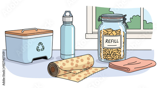 Flat vector eco-friendly kitchen scene with reusable jars, bamboo tools, and compost bin. Ideal for zero waste lifestyle education and home sustainability content