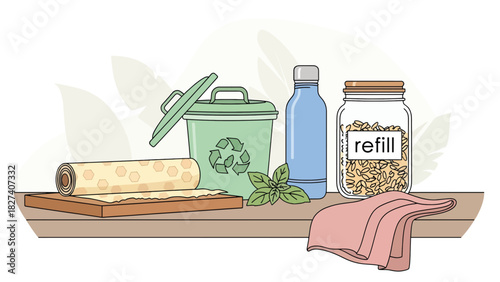 Flat vector eco-friendly kitchen scene with reusable jars, bamboo tools, and compost bin. Ideal for zero waste lifestyle education and home sustainability content