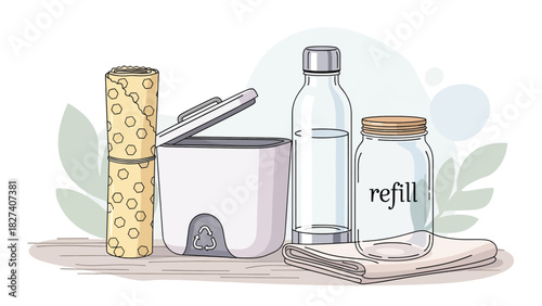 Flat vector eco-friendly kitchen scene with reusable jars, bamboo tools, and compost bin. Ideal for zero waste lifestyle education and home sustainability content