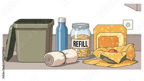 Flat vector eco-friendly kitchen scene with reusable jars, bamboo tools, and compost bin. Ideal for zero waste lifestyle education and home sustainability content