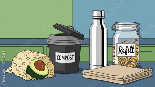 Flat vector eco-friendly kitchen scene with reusable jars, bamboo tools, and compost bin. Ideal for zero waste lifestyle education and home sustainability content