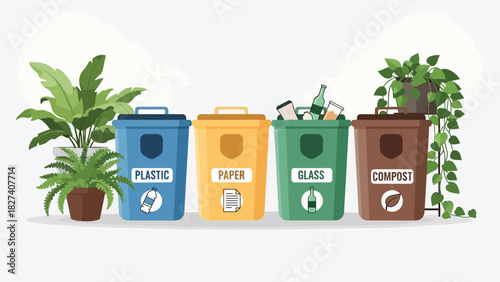 Modern illustration of labeled recycling bins for paper, glass, plastic, and compost. Ideal for environmental campaigns, school materials, and eco sorting education