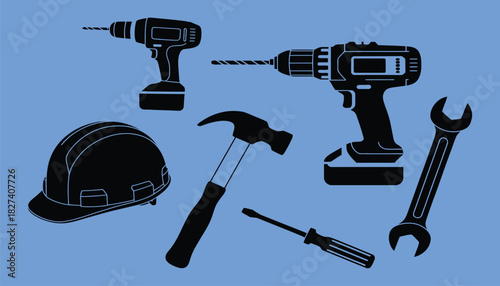 construction tools, including hammer, drill, wrench, screwdriver, and safety helmet, perfect for building, repair, engineering projects, toolkits, and vector illustration for professional construction