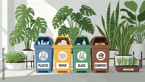 Modern illustration of labeled recycling bins for paper, glass, plastic, and compost. Ideal for environmental campaigns, school materials, and eco sorting education