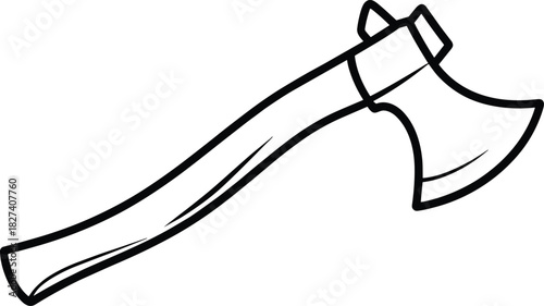 Axe line drawing, black and white vector illustration, hand tool outline sketch, wood chopping design template, outdoor survival equipment icon