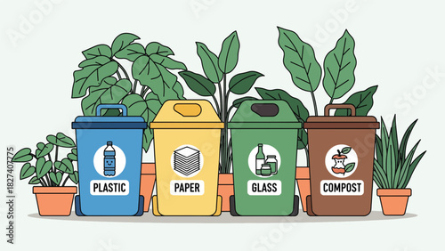 Modern illustration of labeled recycling bins for paper, glass, plastic, and compost. Ideal for environmental campaigns, school materials, and eco sorting education