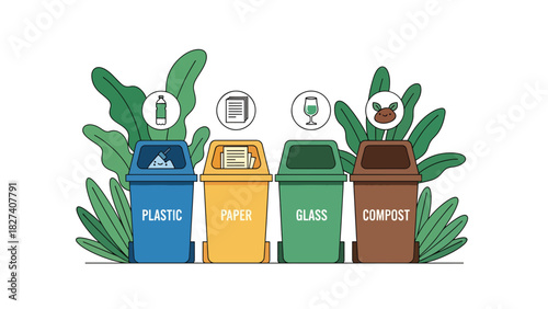 Modern illustration of labeled recycling bins for paper, glass, plastic, and compost. Ideal for environmental campaigns, school materials, and eco sorting education