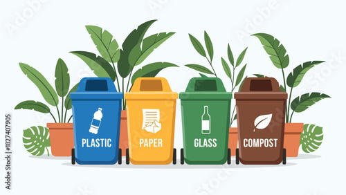 Modern illustration of labeled recycling bins for paper, glass, plastic, and compost. Ideal for environmental campaigns, school materials, and eco sorting education