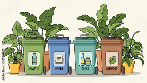 Modern illustration of labeled recycling bins for paper, glass, plastic, and compost. Ideal for environmental campaigns, school materials, and eco sorting education