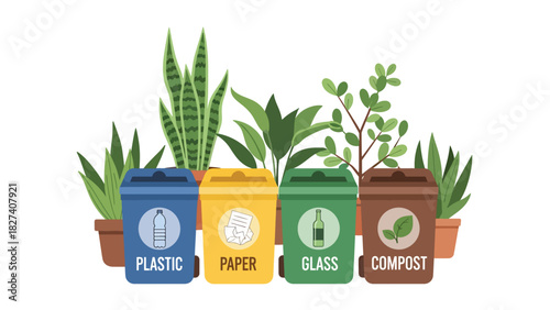 Modern illustration of labeled recycling bins for paper, glass, plastic, and compost. Ideal for environmental campaigns, school materials, and eco sorting education
