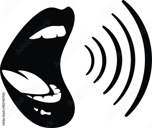 Stylized graphic illustration of an open mouth emitting sound waves, isolated on white background