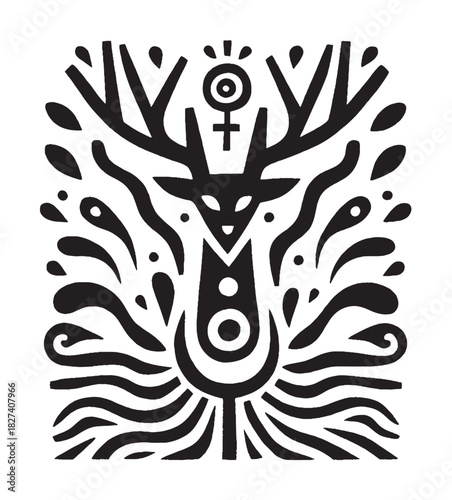 Mystical Deer Symbol with Celestial and Natural Elements.