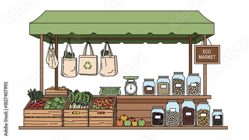 Illustration of eco food market stall with loose goods, refill jars, and reusable bags. Ideal for sustainable shopping visuals and zero waste educational campaigns