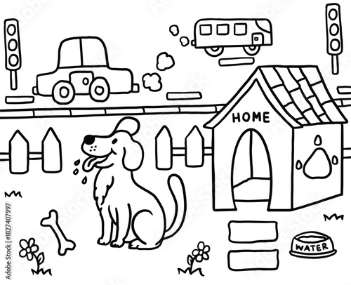 Hand drawn vector outlines of scenery background with puppy, dog home, water bowl, bone, car, bus, street, traffic lights, fence, flowers, grass for wallpaper, house, landscape, back yard, colouring