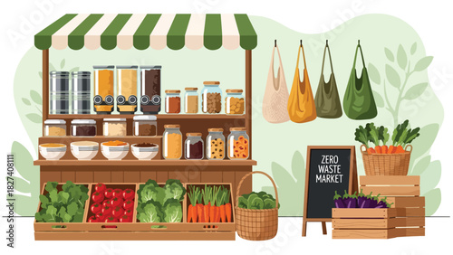 Illustration of eco food market stall with loose goods, refill jars, and reusable bags. Ideal for sustainable shopping visuals and zero waste educational campaigns