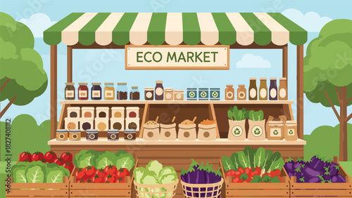 Illustration of eco food market stall with loose goods, refill jars, and reusable bags. Ideal for sustainable shopping visuals and zero waste educational campaigns