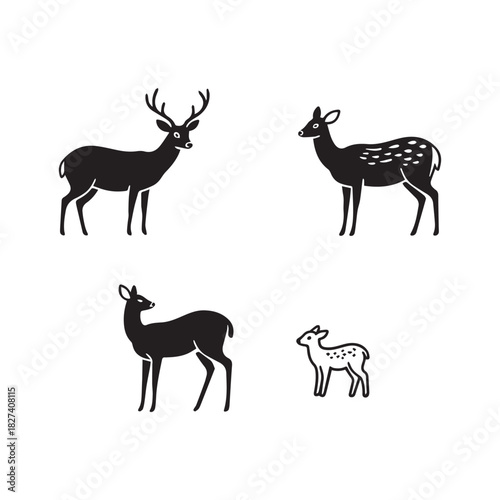 Black and White Deer and Fawn Silhouettes Simple Woodland Animal Vector Illustrations.