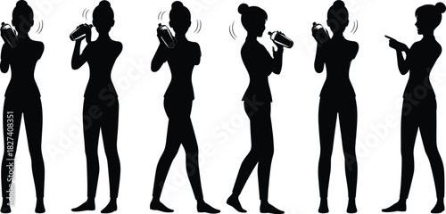 Bartender shaking cocktail shaker silhouette sequence, mixology motion illustration, drink preparation gesture, pointing pose, bar technique visual