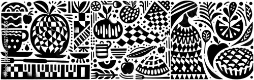 Monochrome Still Life Composition with Fruits and Tableware.