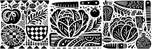 Black and White Kitchen Garden Still Life Illustration.