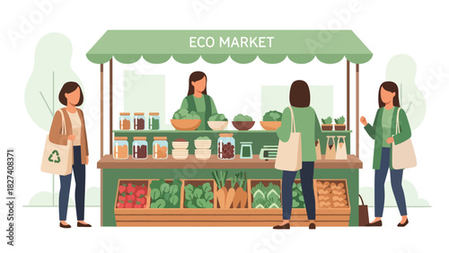Illustration of eco food market stall with loose goods, refill jars, and reusable bags. Ideal for sustainable shopping visuals and zero waste educational campaigns
