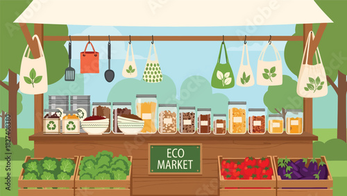 Illustration of eco food market stall with loose goods, refill jars, and reusable bags. Ideal for sustainable shopping visuals and zero waste educational campaigns