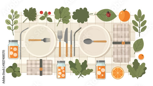 Flat modern vector picnic with bamboo cutlery, reusable cups, and produce containers. Ideal for eco outdoor lifestyle promotion and zero waste awareness design