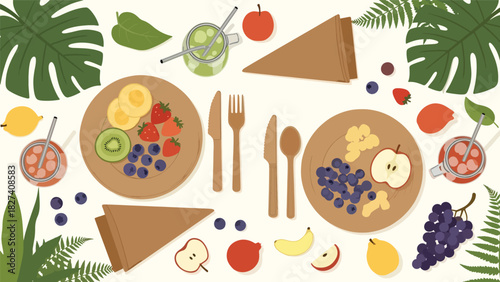 Flat modern vector picnic with bamboo cutlery, reusable cups, and produce containers. Ideal for eco outdoor lifestyle promotion and zero waste awareness design