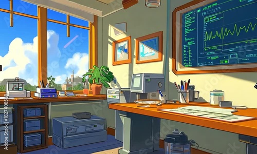 Sunlit technology workspace with a view of the city offering inspiration