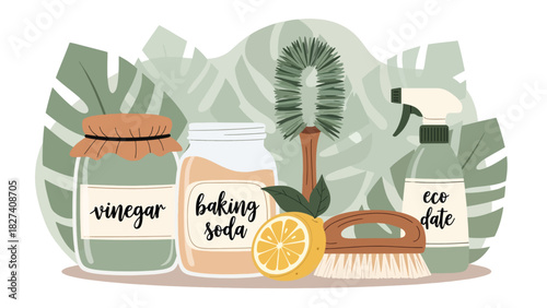Illustration of natural cleaning supplies including vinegar, lemon, brush, and refill bottle. Ideal for zero waste living visuals and eco home cleaning tutorials
