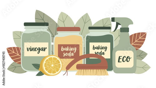 Illustration of natural cleaning supplies including vinegar, lemon, brush, and refill bottle. Ideal for zero waste living visuals and eco home cleaning tutorials