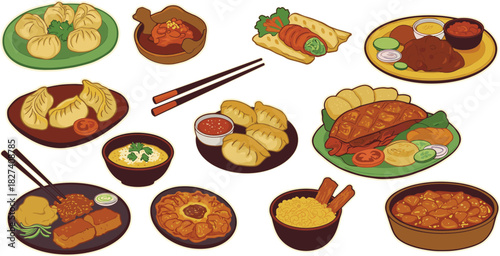 Asian cuisine illustration, diverse food dishes, dumplings, noodles, grilled meat, curry bowl, stylized artwork, cultural meal concept, gourmet drawing