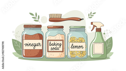 Illustration of natural cleaning supplies including vinegar, lemon, brush, and refill bottle. Ideal for zero waste living visuals and eco home cleaning tutorials