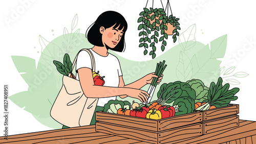 Woman shopping for fresh vegetables using a reusable tote bag at a zero waste market. Ideal for sustainability education, eco shopping themes, and environmental awareness