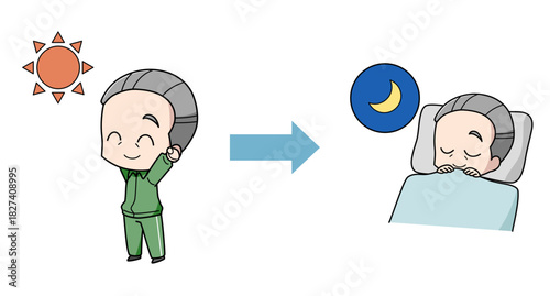 太陽の光を浴びてよく眠れた高齢男性のイラスト
