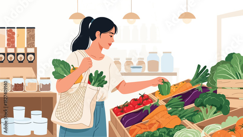 Woman shopping for fresh vegetables using a reusable tote bag at a zero waste market. Ideal for sustainability education, eco shopping themes, and environmental awareness