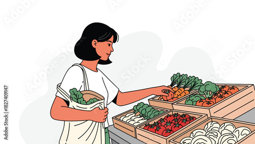 Woman shopping for fresh vegetables using a reusable tote bag at a zero waste market. Ideal for sustainability education, eco shopping themes, and environmental awareness