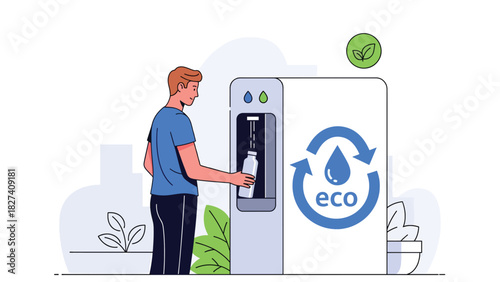 Man filling a reusable metal water bottle at a refill station. Ideal for plastic-free lifestyle, hydration awareness campaigns, and sustainability visuals