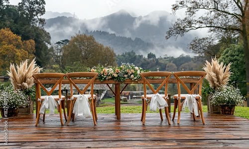 Elegantly Decorated Wedding Table with Mountain Backdrop on Overcast Day