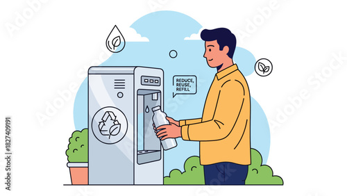 Man filling a reusable metal water bottle at a refill station. Ideal for plastic-free lifestyle, hydration awareness campaigns, and sustainability visuals