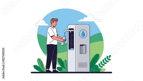 Man filling a reusable metal water bottle at a refill station. Ideal for plastic-free lifestyle, hydration awareness campaigns, and sustainability visuals